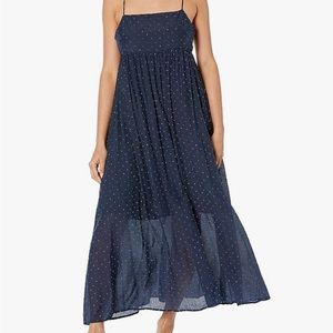 Moon River Dotted Blue + cream Midi dress with Cutout back